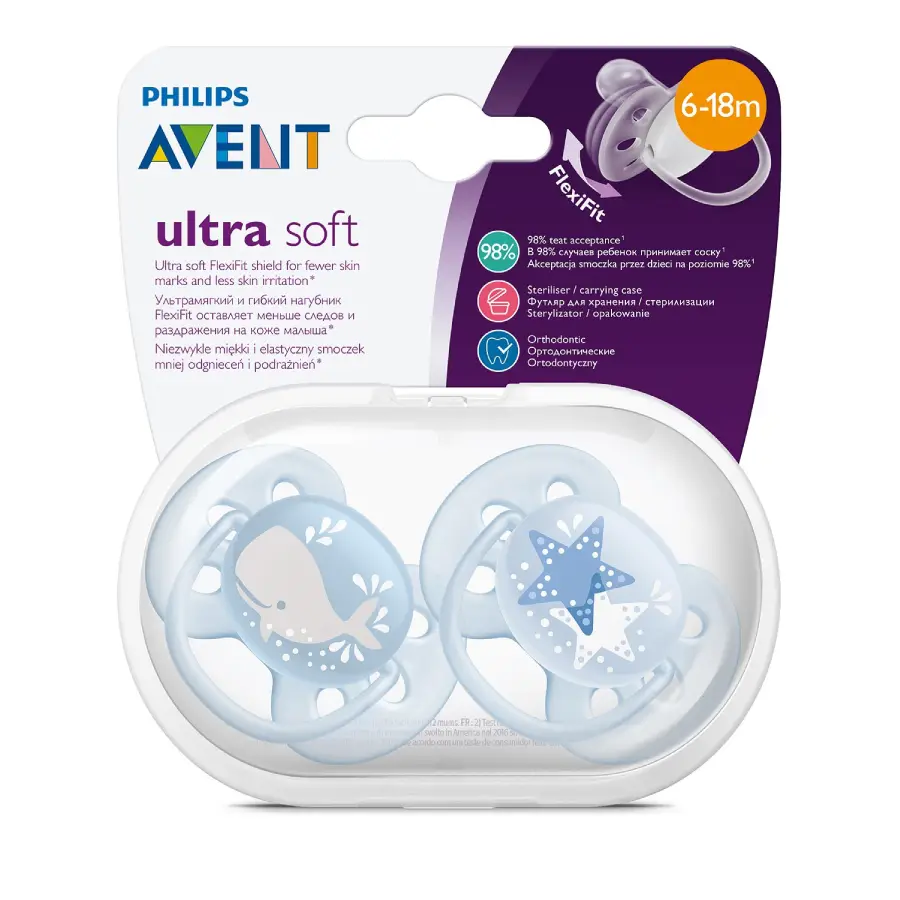 Пустышка Philips Avent ultra soft с футляром для стерилизации 2шт 6-18месяцев SCF223/03
