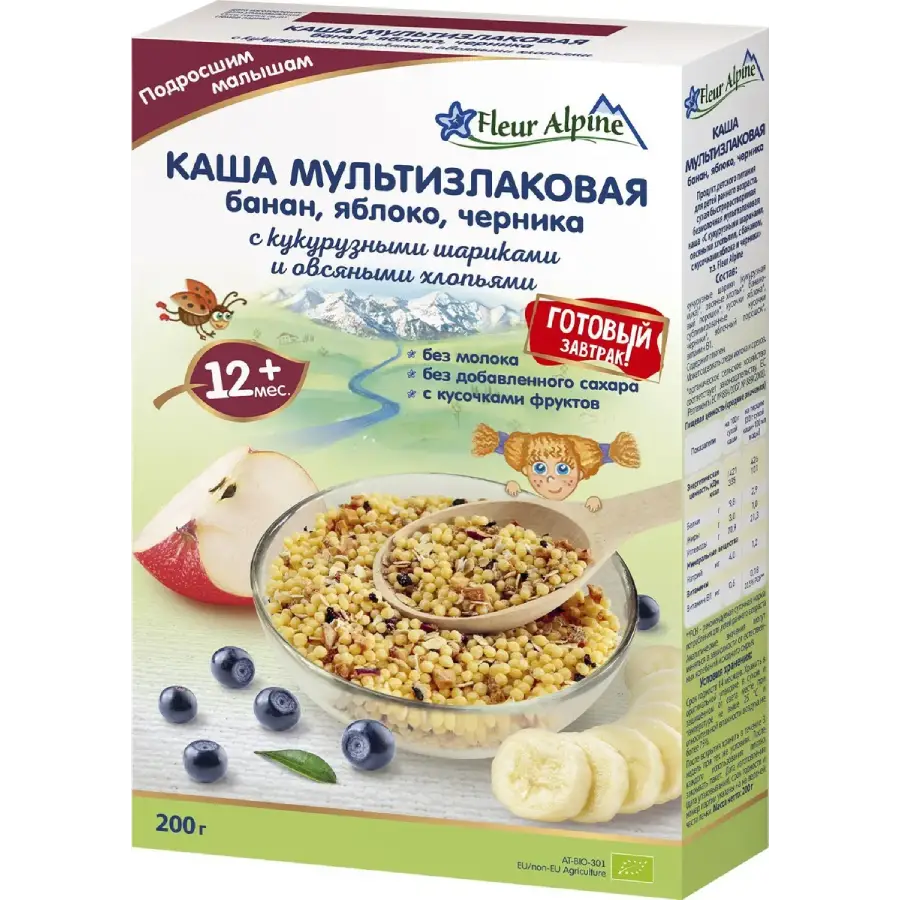 Каша мультизлаковая с бананом, яблоком и черникой Fleur Alpine 15 мес., 200/8