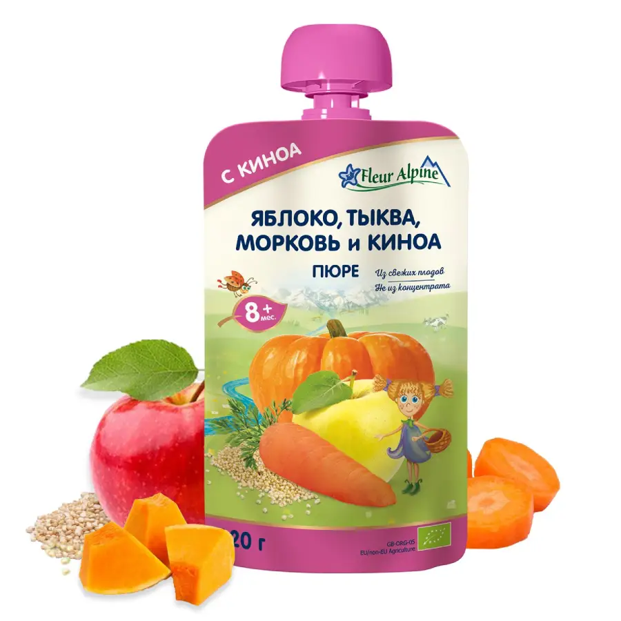 Пюре детское яблоко,марковь, тыква и киноя (пауч) Fleur Alpine, 8 мес., 120/6