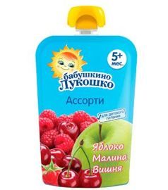  Пюре из яблок, малины и вишни мягкая упаковка ( 90г ) "Бабушкино лукошко"
