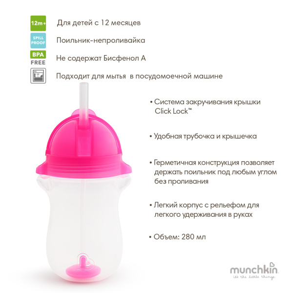 Munchkin поильник Click Lock Any Angle™ с трубочкой, Розовый, 296мл. 12+ NEW