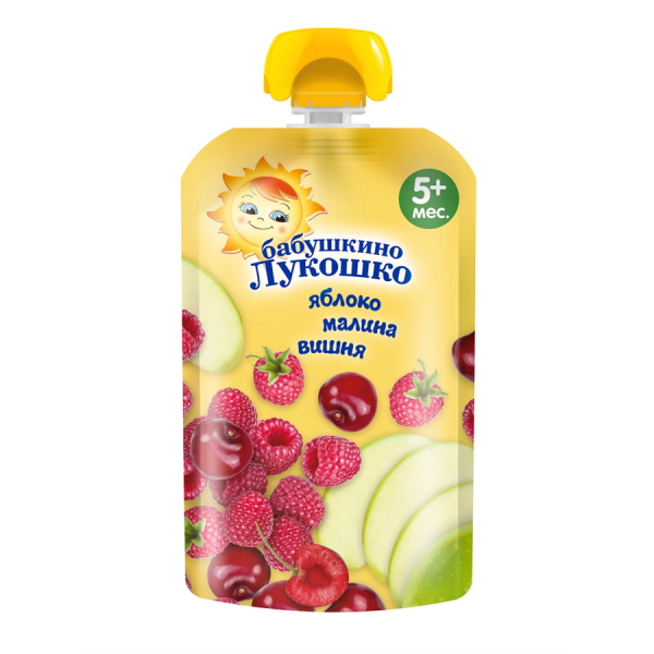  Пюре из яблок, малины и вишни мягкая упаковка ( 90г ) "Бабушкино лукошко"