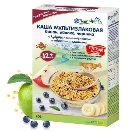 Каша мультизлаковая с бананом, яблоком и черникой Fleur Alpine 15 мес., 200/8