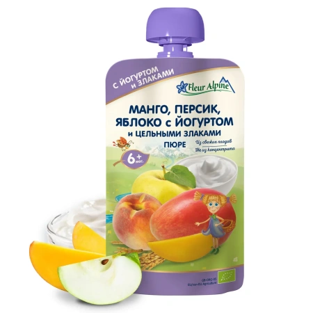 Пюре Органик манго-персик-яблоко с йогуртом (пауч) Fleur Alpine, 6 мес, 120гр/6
