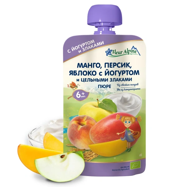 Пюре Органик манго-персик-яблоко с йогуртом (пауч) Fleur Alpine, 6 мес, 120гр/6