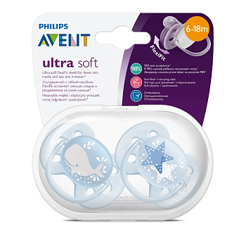 Пустышка Philips Avent ultra soft с футляром для стерилизации 2шт 6-18месяцев SCF223/03