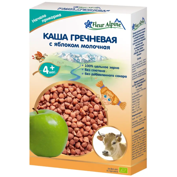 Fleur Alpine каша молочная Органик Гречневая с яблоком, 4 мес,200/6
