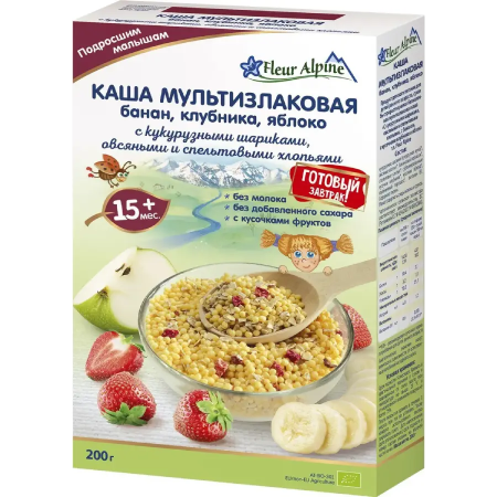 Каша мультизлаковая с бананом,клубникой и яблоком Fleur Alpine 15 мес., 200/8