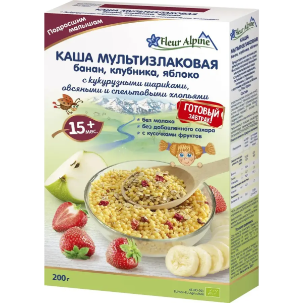 Каша мультизлаковая с бананом,клубникой и яблоком Fleur Alpine 15 мес., 200/8