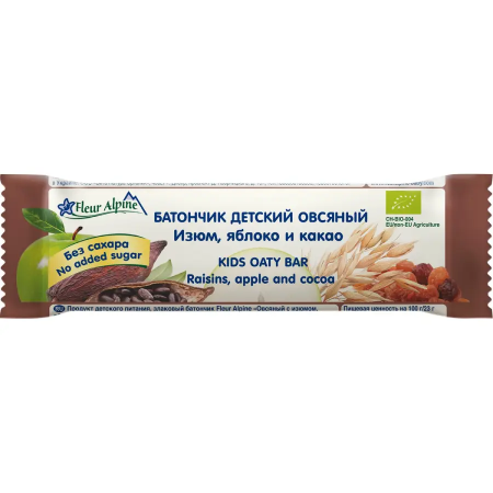 Батончик овсяный с изюмом, яблоком и какао, Fleur Alpine с 3х лет 23гр