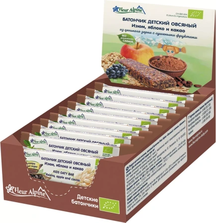 Батончик овсяный с изюмом, яблоком и какао, Fleur Alpine с 3х лет 23гр