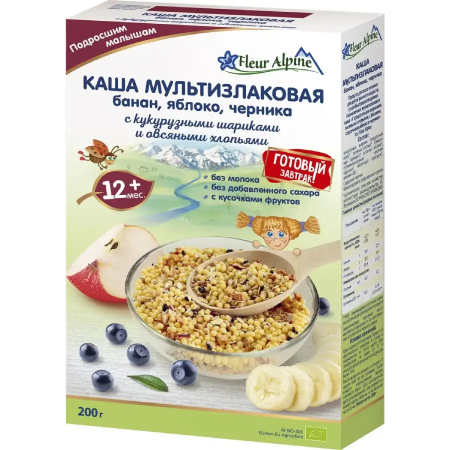 Каша мультизлаковая с бананом, яблоком и черникой Fleur Alpine 15 мес., 200/8