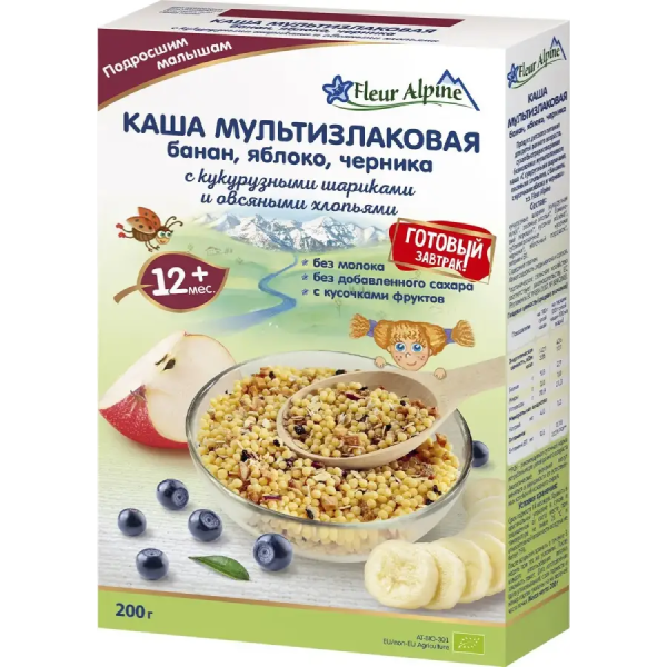 Каша мультизлаковая с бананом, яблоком и черникой Fleur Alpine 15 мес., 200/8