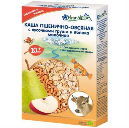 Каша молочная Органик цельнозерновая Пшен-овс с грушей и яблоком. Fleur Alpine, 10 мес, 200/6