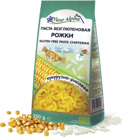 Паста безглютеновая "Рожки" кукурузно-рисовая Fleur Alpine, 250/10