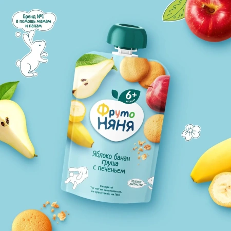 ФрутоНяня 90 гр Пюре из яблок, бананов и груш с печеньем 