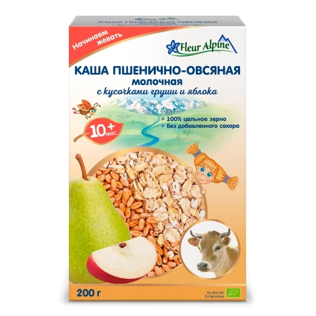 Каша молочная Органик цельнозерновая Пшен-овс с грушей и яблоком. Fleur Alpine, 10 мес, 200/6