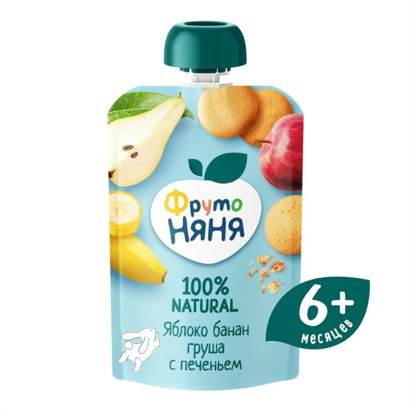 ФрутоНяня 90 гр Пюре из яблок, бананов и груш с печеньем 