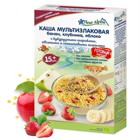 Каша мультизлаковая с бананом,клубникой и яблоком Fleur Alpine 15 мес., 200/8