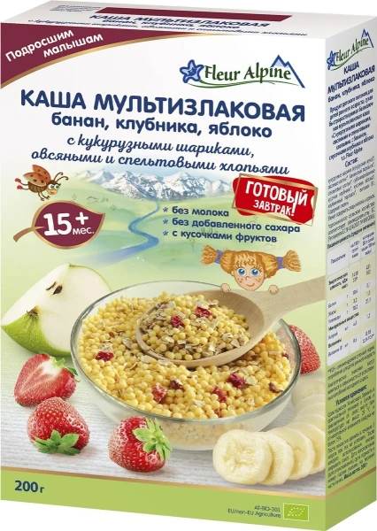 Каша мультизлаковая с бананом,клубникой и яблоком Fleur Alpine 15 мес., 200/8