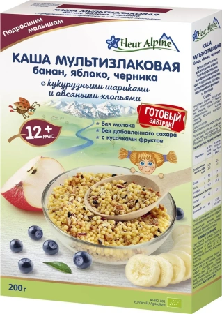 Каша мультизлаковая с бананом, яблоком и черникой Fleur Alpine 15 мес., 200/8