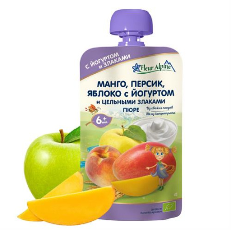 Пюре Органик манго-персик-яблоко с йогуртом (пауч) Fleur Alpine, 6 мес, 120гр/6